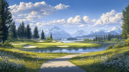 Scenic Golf Course with Mountains and Lake Under Blue Sky