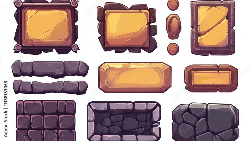 Poster frames medieval game ui. empty rectangle frames in old style, interface elements. metallic banners o