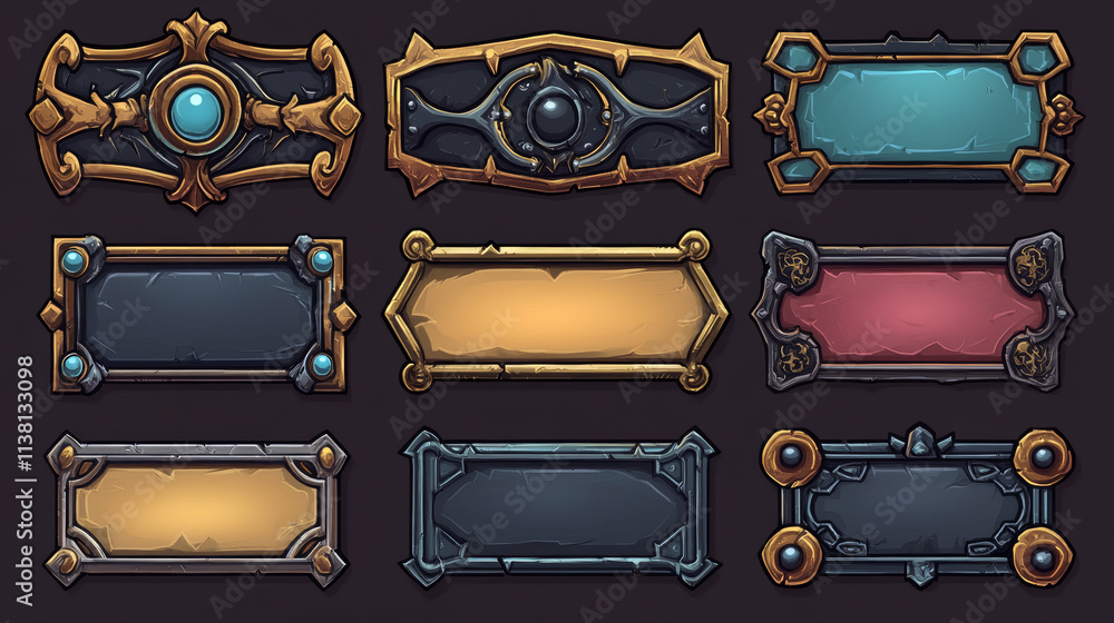 Poster frames medieval game ui. empty rectangle frames in old style, interface elements. metallic banners o