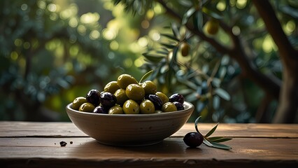 A bowl of olives on wood table.