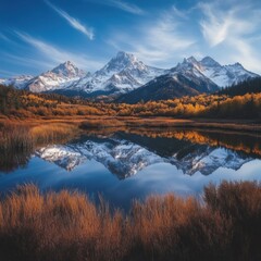 Obraz premium snow capped mountains reflected in a lake with fall foliage