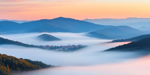 Misty Mountain Village at Dusk Serene Layers of Nature and Light
