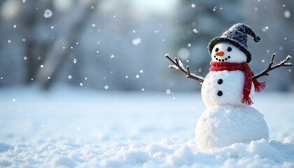 Happy snowman with a knitted hat and red scarf standing in the snow during a winter scene, with copy space