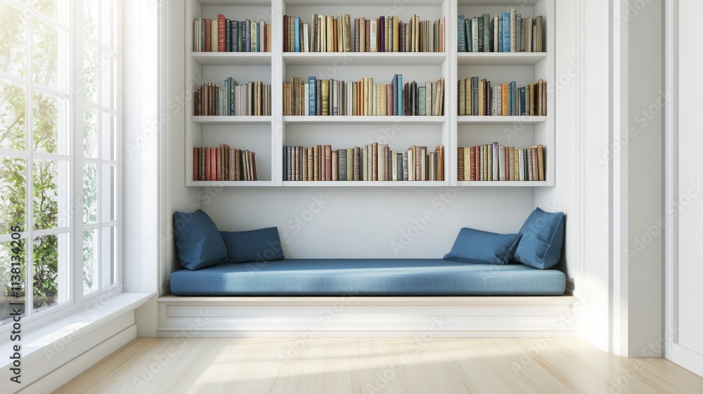 Poster cozy reading nook with built-in bookshelf and window seat.