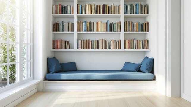 Cozy reading nook with built-in bookshelf and window seat. - Powered by Adobe
