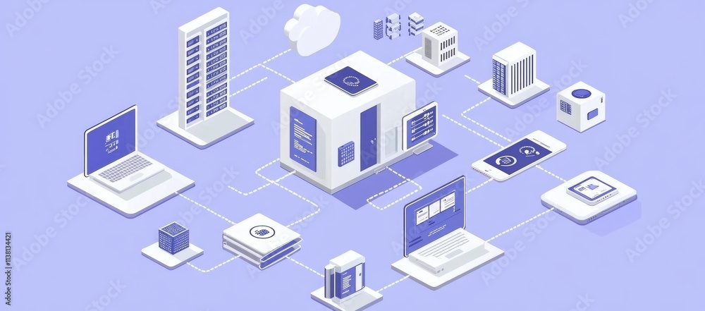 Aufkleber network infrastructure isometric illustration showing interconnected devices and cloud computing.