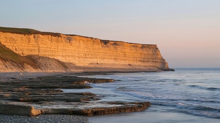 Serene Sunset Over Rocky Coastal Cliffs and Tranquil Ocean Waves