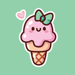 Kawaii Strawberry Ice Cream Cone with Bow and Heart on Mint Background