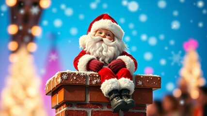 Christmas Eve Santa on Chimney - Funny Ho Ho Ho Illustration - Festive Background
