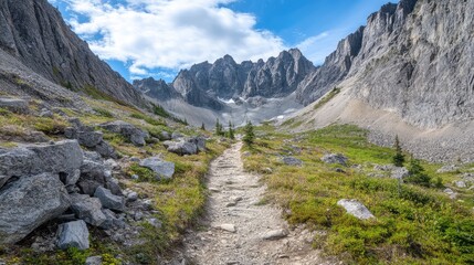 Scenic Mountain Trail Surrounded by Rugged Peaks and Lush Greenery