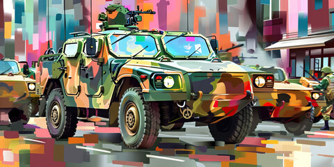 Camouflage Armored Car and Military Vehicle Convoy Illustration
