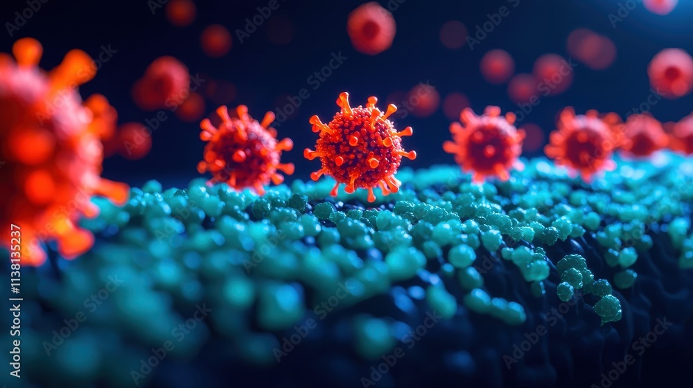 Poster a digital representation of the immune system reacting to an allergen, with glowing cells highlighti
