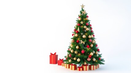 Christmas Tree Decorated, Beautiful, White Background, Studio, AI Photo, High Quality, Festive