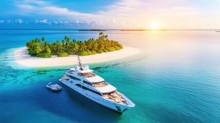 Obraz premium Luxury yacht anchored near a tropical island at sunset.