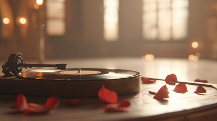 Obraz premium Vintage Gramophone with Rose Petals and Warm Golden Glow