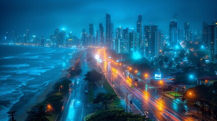 Night cityscape, coastal highway, rain, ocean waves, city lights, buildings, long exposure.