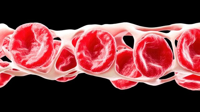 A close-up of red blood cells trapped in a fibrin mesh, representing the formation of a thrombus.