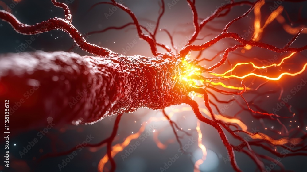 Poster close-up view of a neuron highlighting electrical signals and connections in the nervous system, sym