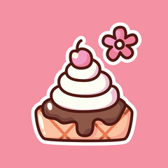 Kawaii Whipped Cream Dessert with Chocolate and Cherry on Pink Background