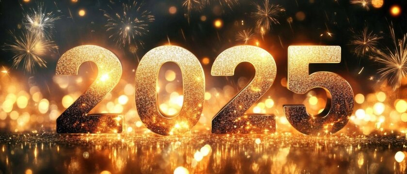 Sparkling 2025 New Years Eve Celebration with Fireworks and Golden Glitter
