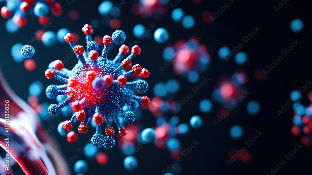Poster a creative depiction of a virus structure triggering an allergic response, in a microscopic world.