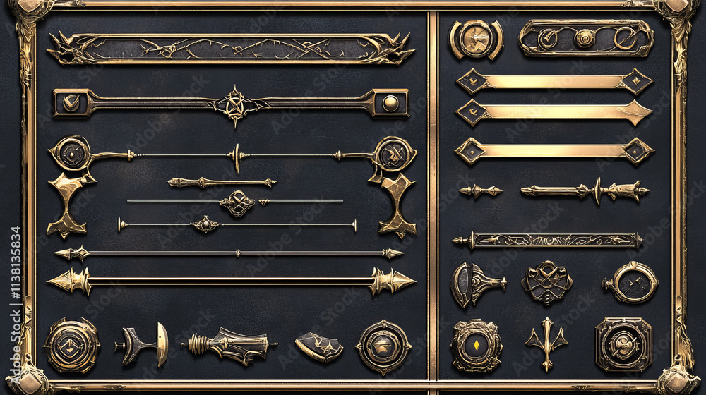 Aufkleber game ui elements with gold frames in medieval style. buttons, banners different shapes, progress bar