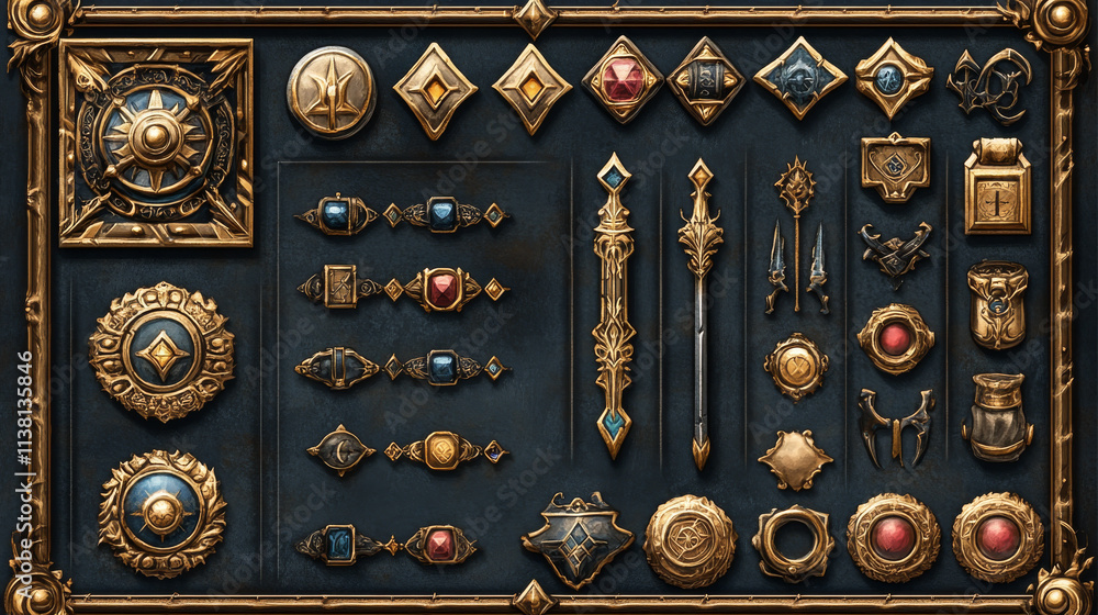 Aufkleber game ui elements with gold frames in medieval style. buttons, banners different shapes, progress bar