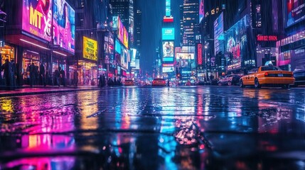 Naklejka premium Vibrant city street in neon rain with glowing billboards, taxis, and pedestrians reflecting colorful lights on wet pavement in a modern urban nightscape