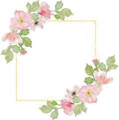 watercolor blossom pink old rose clair martin english rose flower bouquet wreath with gold frame