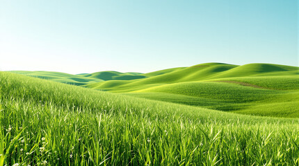Fototapeta premium Scenic view of rolling green hills covered with lush grass under a bright blue sky, natural style, showcasing serenity and beauty of nature. Ai generative