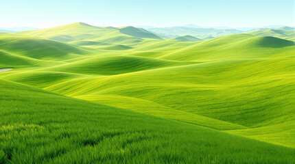 Naklejka premium A lush expanse of rolling green hills covered in grass under a bright blue sky. Smooth, vibrant landscape concept. Ai generative