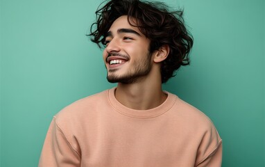Fototapeta premium man smiling with sweatshirt in color background