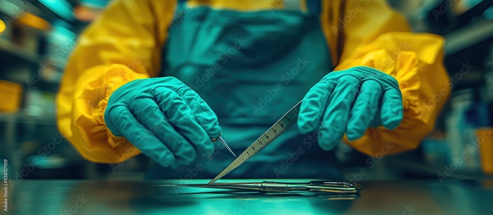 Poster close-up of gloved hands using tweezers in a lab.