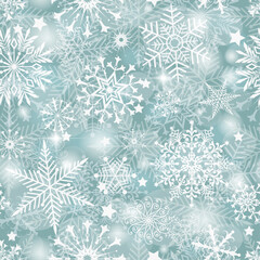 Vector seamless Christmas pattern with snowflakes and stars on a gray-blue background with bokeh