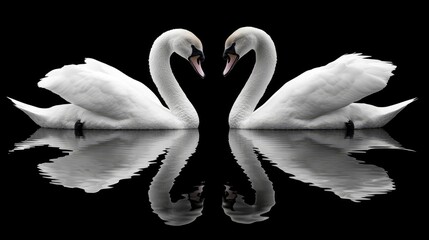 Elegant Swans Reflecting in Calm Water on a Black Background