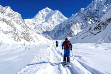 A captivating snowy scene featuring two skiers amidst dramatic mountain peaks, highlighting the thrill of winter sports and the stunning beauty of nature in perfect harmony.