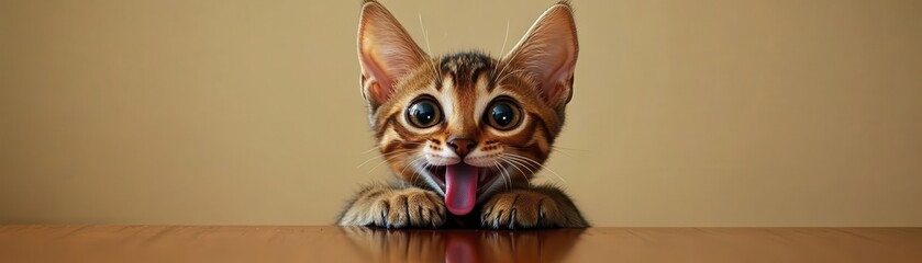 Obraz premium A playful cat with large eyes peeks over a wooden surface, showcasing its adorable curiosity.