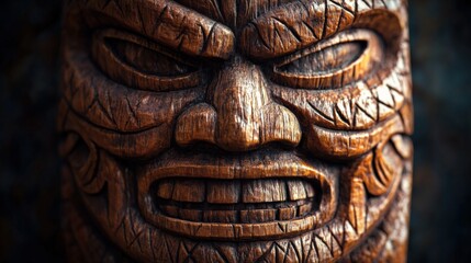a carved wooden tiki face with a dark background