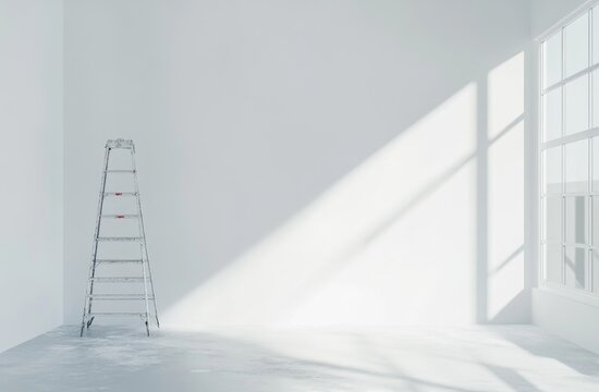 White room with a ladder and roller for painting walls, bright interior design of a new apartment under construction in the morning light.