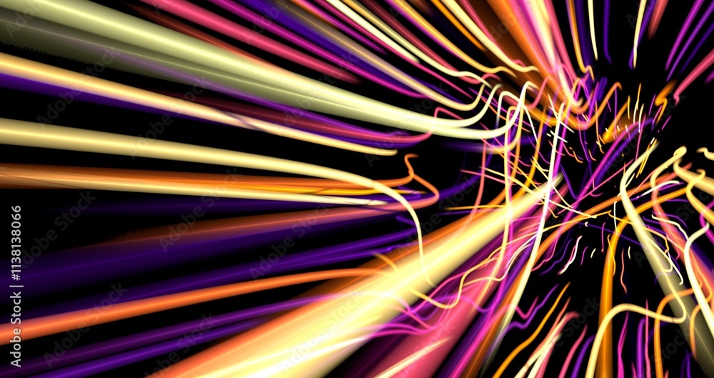 Poster light trails with motion blur effect, long time exposure. Isolated on black