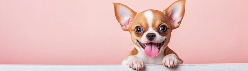A playful Chihuahua puppy with big eyes and a joyful expression against a pastel background.