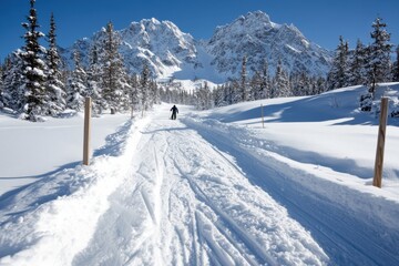 A snowboarder skillfully carves their path down a snowy trail, with breathtaking mountain peaks and vibrant trees creating a winter wonderland backdrop for exhilarating sports.