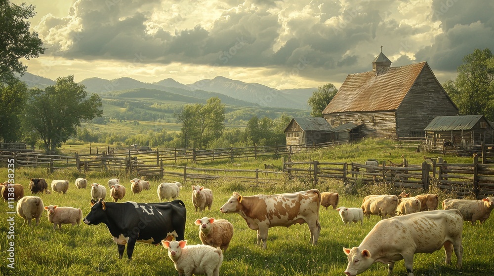 Poster a herd of cows are grazing in a field next to a barn