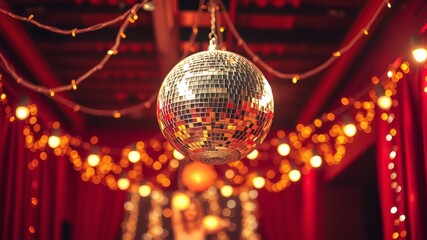 Obraz premium Cozy Disco Ball Room, Festive Celebration, Warm Lights, AI Photo