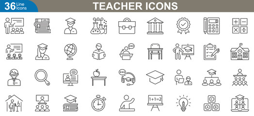 Teacher icons set. Classroom, lesson planning, desk, student, assessment, educational technology and more. Thin line icon set vector illustration.