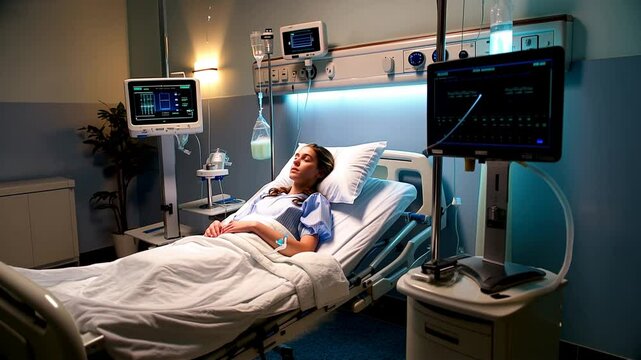 A hospital room with a young girl in bed connected to a heart monitor and IV, radiating calm and resilience.