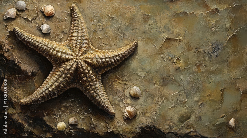 Poster starfish on rustic background with small sea shells and texture