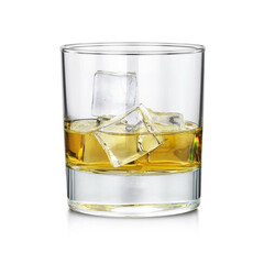 Glass with whiskey and ice cubes