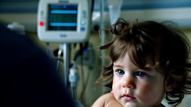A gentle hospital scene: A young child in bed connected to a heart monitor and IV, exuding quiet strength and innocence, with a tender and hopeful atmosphere.