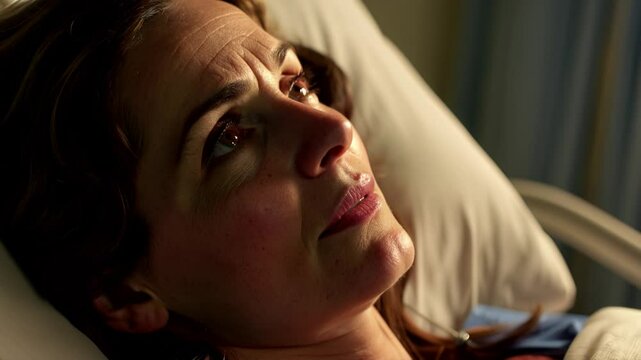 A serene hospital room with soft lighting: A woman in bed connected to a heart monitor and IV, embodying calm, resilience, and hope.